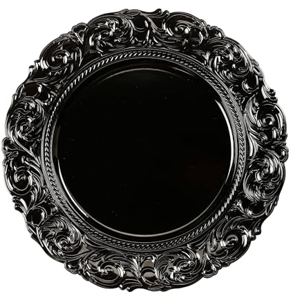 Dekoteller 33cm Kunststoff mit prunkvollem Muster - festliche Platzteller für verschiedene Anlässe - Tischdeko Unterteller für Hochzeit Jubiläum Weihnachten - Weihnachtsteller Weihnachtsdeko - Schwarz