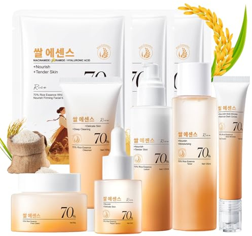 Reis Geschenkset Frauen Skincare Set 7PCS, 70% Rice Pflegeset Damen für Einen Strahlenden Teint, Tiefenfeuchtigkeit Beauty Set Mädchen mit Reiniger, Rice Toner, Creme, Serum, Lotion, Eye Cream, Maske