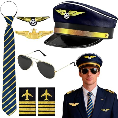 Betrynidil Pilot Set Kapitän Fasching Karneval für Herren - Männer Kostüm mit Schulterklappen Streifen, Pilotenhut, Pilotenmütze, Abzeichen für Pilotenkostüm (7-teiliges Set)