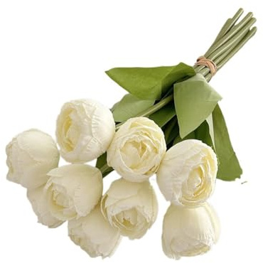 Gettimore Bouquet di tulipani artificiali a 9 teste con bordi bruciati, fiori primaverili in seta per la decorazione di casa e matrimoni, decorazione per soggiorno e sala da pranzo, bianco