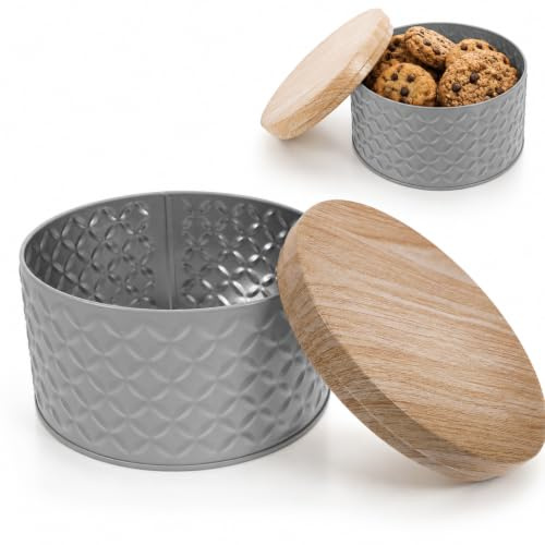 MUCKLILY Round Grey Biscuit Tin with Lid, 13.5 cm Metal Storage Box | Embossed iron container with wood-effect lid, 13.50X13.50X8.30cm, for biscuits, sweets, chocolates, and small baked treats