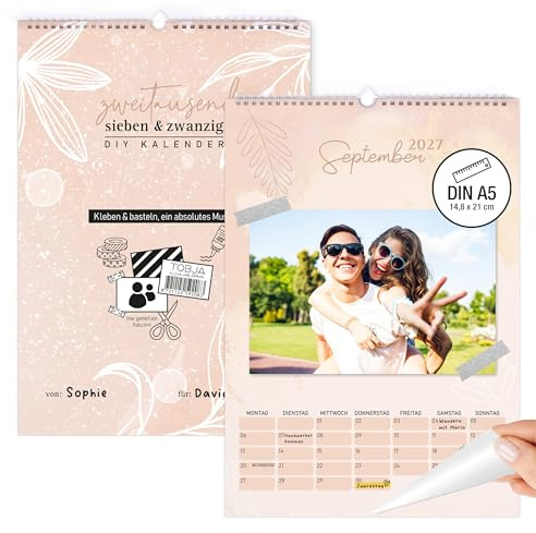 TOBJA® DIN A5 Bastelkalender 2027 Bloom zum Selbstgestalten – Florales Design, 250g FSC-Papier klimaneutral, Ringbindung – Pärchen Geschenk DIY Foto-Kalender | A5 klein