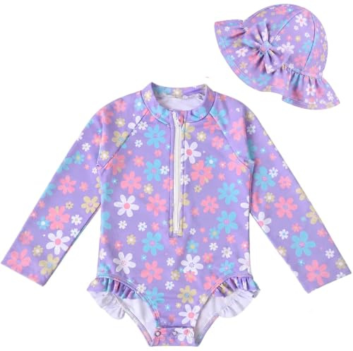 Traje de Baño para Niñas Pequeñas, Bañador con Gorro para el Sol y Manga Larga, Protección UPF 50+, con Cremallera, para Niñas de 3 a 36 Meses, Ideal para la Playa y la Piscina