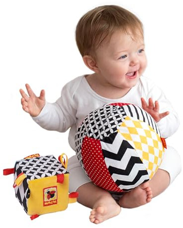 magdum 2 Set Spielwürfel Baby + Stoffball - Motorikspielzeug ab 1 Jahr - Baby Spielzeug 6 Monate - Montessori Spielzeug - Lernspielzeug 1 Jahr - Baby Geschenk - Ball Baby - Würfel Baby - Babygeschenke