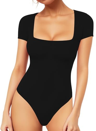 MANGOPOP Women's Square Neck Short Sleeve Bodysuit Sexy Body Suits Shirt Slim Fitted Tops Black S