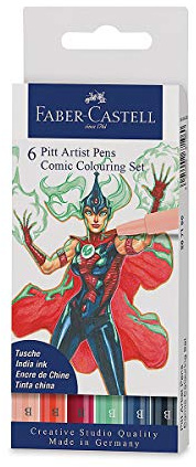 FABER-CASTELL 267196 - Tuschestift Pitt Artist Pen Comic Colouring Set, verschiedenen Farben, mit Pinselspitze, 6er Etui | Wasserfeste und lichtbeständige Zeichentusche, Pinselstifte für Comics und Illustrationen