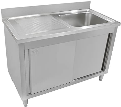 Beeketal 'GSB120' Edelstahl Spülschrank mit Spülbecken (rechts), Abtropffläche und Aufkantung, Unterschrank mit 2 Schiebetüren und justierbaren Stellfüßen, (B/T/H): ca. 1200 x 600 x 950 mm