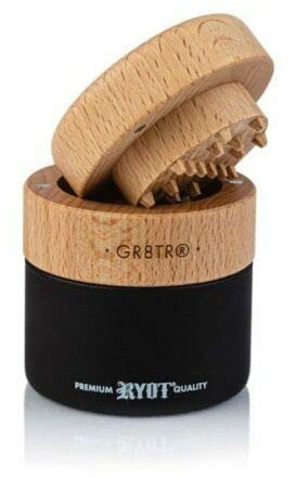 RYOT Wood GR8TR - Molinillo de hierbas con cuerpo de tarro negro transparente o mate y tapa de haya o nogal (tapa de haya/tarro negro)