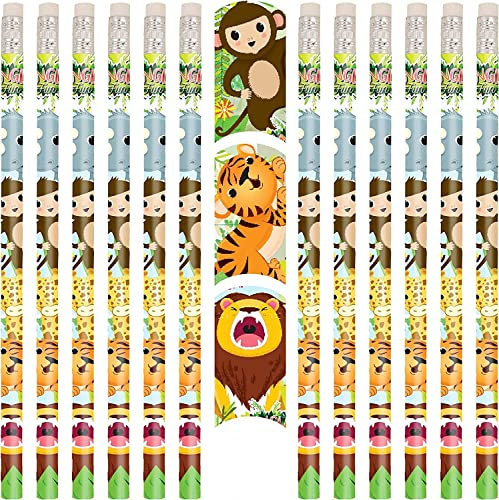 PartyPack 12x Dschungel Bleistifte mit Radierer, perfektes Mitgebsel, Ideal zum Schulanfang, Kinder Partygeschenke, Kindergeburtstag Gastgeschenke, Dschungel Party.