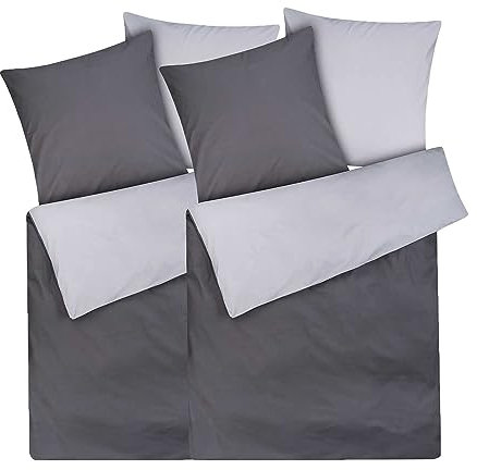 Moon 2er Pack Renforcé Uni Wendebettwäsche, Bettwäsche Uni aus 100% Baumwolle, 135x200 / 80x80 (anthrazit/Silber)