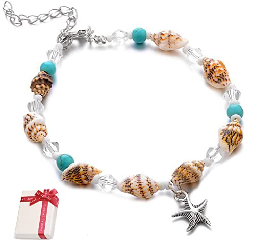Ouceanwin Fußkette Muschel Damen Fußkettchen Seestern Türkis Set, Fußkettchen Boho Schmuck Knöchel Armband Verstellbar Knöchelkette Strand Fußschmuck Natürliche für Frauen Mädchen