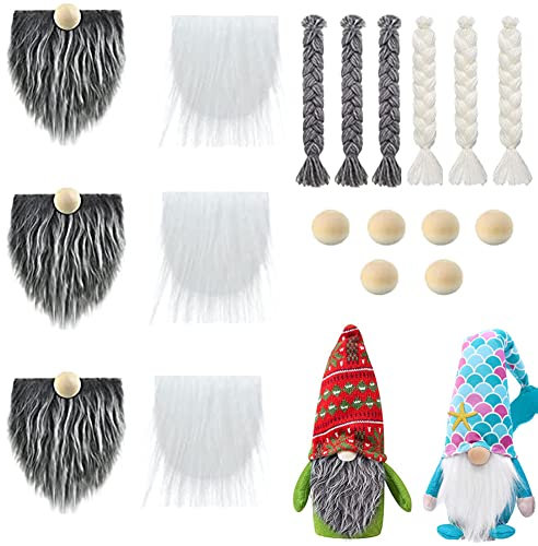 JAWSEU 18PCS Weihnachten Vorgeschnittener Zwergenbart, Kunstpelz Stoff GNOME Bart Mit Holzkugeln Set, DIY Bastelset, Grau + Weiß, Weihnachten, Ostern