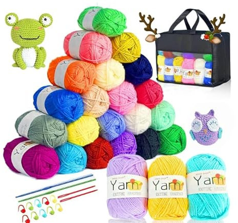 NINGESHOP Acrylwolle Set, 24 Farben, Baumwolle Mit 2 Häkelnadeln, 40g Baumwollgarn, Stricken für Anfänger Set, Zum Häkeln und Stricken Von Haustierkleidung, Hüten, Handtüchern