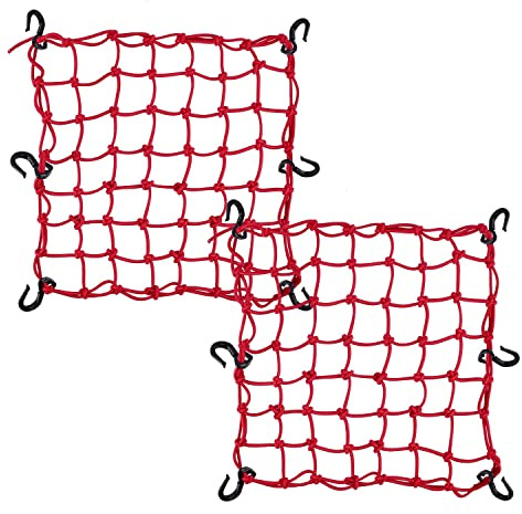 Small Cargo Net 15x15 Stretches to 30x30 with Thicken Hooks | Natural Latex Core, Tight 2”x2” Mesh Heavy Duty Bungee Net for Motorcycle Helmet, Bike, ATV, UTV, Luggage (red, 2pc)
