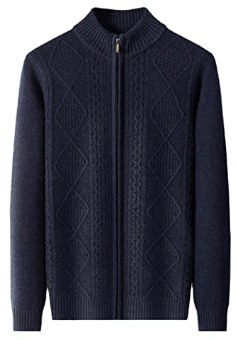 Moda Cashmere Maglione Uomo Full Zip Maglia Cardigan Caldo Maglione Inverno Cappotto, Navy Blue, 4XL