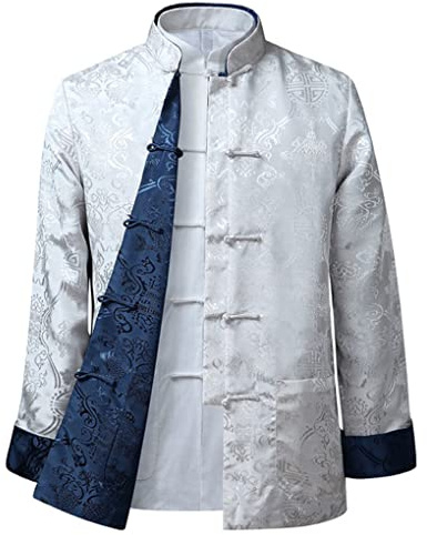 QPZK Kung Fu Jacke Beidseitig tragen Kleidung Herren Stickerei Tang Anzug Herren Hanfu Mantel Traditionelle chinesische Kleidung Baumwolle Leinen Tai Chi Kleidung Kampfsport Kleidung Lang