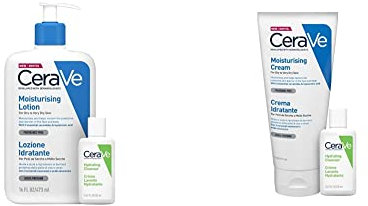 CeraVe Lozione Idratante Viso e Corpo per Pelle Secca, con Acido Ialuronico 473ml + Travel Size Detergente Idratante 20ml & Crema Idratante Viso e Corpo per Pelle Secca 177ml