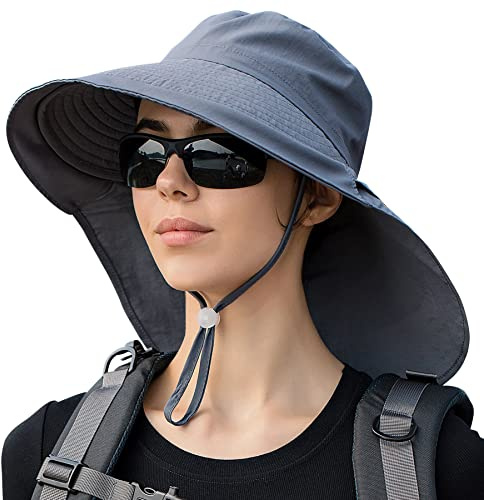 AIEOE Sonnenhut mit breiter Krempe, für Damen, UV-Schutz, Kappe mit Loch, Pferdeschwanz, Wandern, Radfahren, Berg, Reise, dunkelgrau, One size
