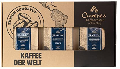 Geschenkset I Caveres - 3-Teiliges Kaffeeset I Kaffeebohnen Brasilien I 50% Arabica und 50% Robusta I ohne Zusatzstoffe I Premium Kaffee I Röstkaffee I Elegante Verpackung I 3x250g
