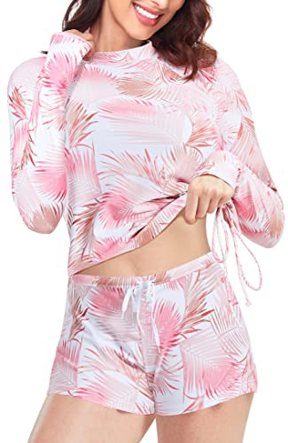 UNIQUEBELLA Rash Guard dam, UV-skydd UPF 50+ långärmad surfskjorta med vackra mönster badmode badskjorta – simning tankini XS-XL rashguard för kvinnor, Rosa shorts, XS