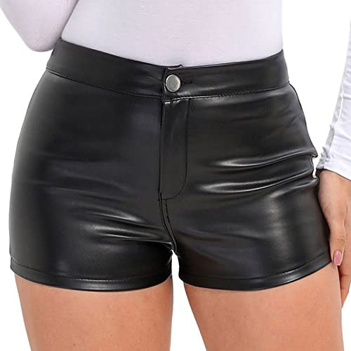 Kurze Lederhose Damen Schwarz High Waist PU Ledershorts Rave Pole Dance Booty Shorts Party Outfit Nachtclub Gothic Kurze Hose Lackhose Hotpants Sexy Clubwear