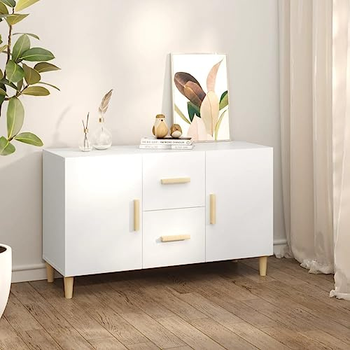 Natulvd Moderner Sideboard Buffetschrank, 100 cm Aufbewahrungsschrank Akzentschrank mit Türen & 2 Schubladen für Küche oder Wohnzimmer, Flur, Eingangsbereich, Heimdekoration – Weiß