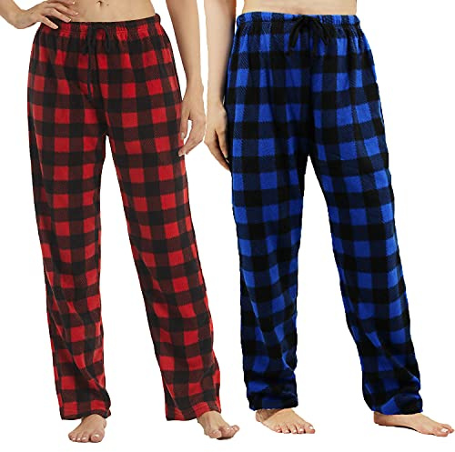LNFINTDO 1-2er Pack Damen Schlafanzughose Lang Fleece Kariert Pyjamahose | Weihnachts Pyjamahose,Winter Warm Pyjamahose,Nachtwäsche Hose mit Kordelzug,Fleece Lounge Hosen,Ideal für Zuhause