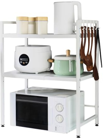BAOYOUNI 2-Tier Expandable Microwave Oven Rack Stand Over Toaster Baker Shelf Bathroom Kitchen Storage Organizer with Hooks for Cabinet, Counter, Under Sink - Adjustable Width & Layer Height - White