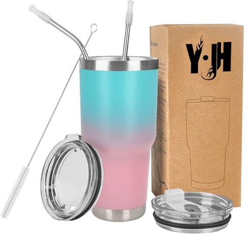 Y·J&H resebehållare med dubbla väggar, vakuumisolerad kaffemugg i rostfritt stål med 2 stänksäkra lock, 2 sugrör och gratis rengöringsborste, BPA-fri