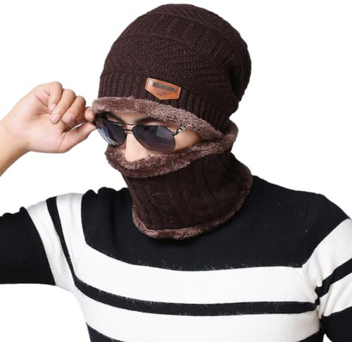 Wintermütze & Schal Set,Winter Warm Strickmütze Loop Schal Set,Beanie Mütze Schlauchschal mit Stretch und Weichem Fleecefutter,Mütze Herren für Schule,Arbeit,Skifahren,Camping,Erwachsene Kaffee