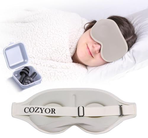Schlafmaske mit 3D Polster 100% dunkel für Seitenschläfer mit Silkon Ohrstöpseln Augenmaske weich für Flugzeug, beige Driftwood, Schlafbrille mit verstellbarem Gummiband für Erwachsene & Kinder