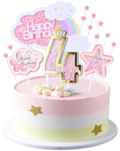 Kawailay 4. Geburtstag Tortendeko Mädchen - Happy Birthday Regenbogen Cake Topper Wolken Sterne Kuchen Deckel Rosa