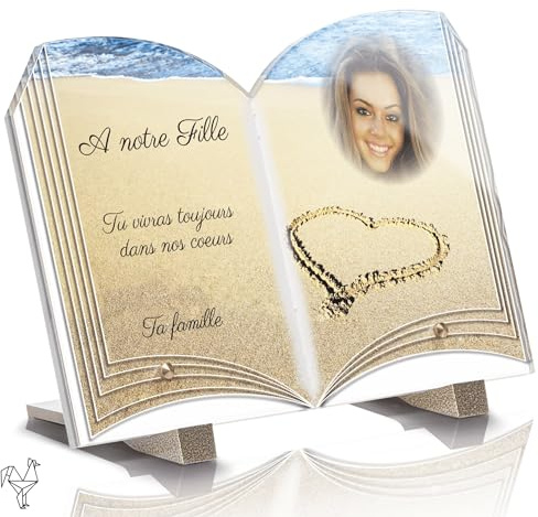Plaque Funéraire Livre Personnalisée - Coeur Sable - Textes Photo personnalisables, plusieurs lignes - Résistante aux Intempéries et Traitée Anti UV (30x20 cm (standard))