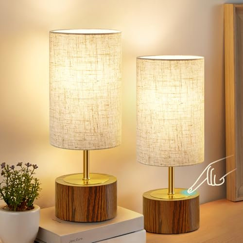 GyroVu Nachttischlampe Set von 2, Touch-Tischlampen für Nachttische, kleine Tischlampe mit Faux Holz Basis, moderne Tischlampe für Wohnzimmer und Schlafzimmer