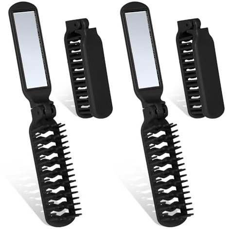 HJZHII 4 Stück Mini Haarbürste mit Kleiner Spiegel, Faltbare Haarbürste Klein Tragbare Reise Haarbürste Reisebürste Klapp Haarmassagekamm Klappkamm Bartkamm für Damen Herren(Schwarz)