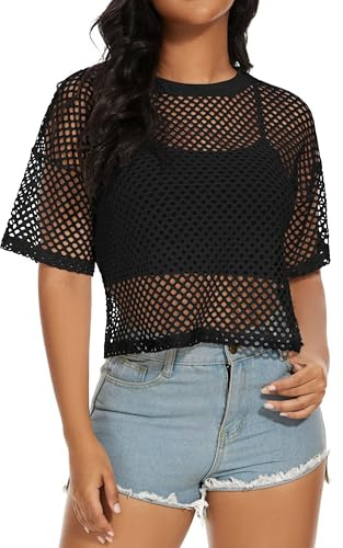florynova Womens Fishnet Mesh Tops Summer See Through T Shirt Short Sleeve Sheer Blouse(Black,L)