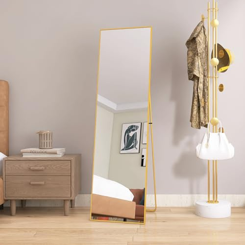 Specchio da parete 140 x 40 cm, robusto e moderno, grande specchio da parete in piedi o da appendere, telaio in lega di alluminio, vetro temperato, per camera da letto, soggiorno (oro)