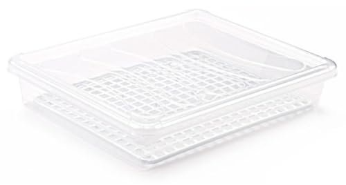 Tradineur - Confezione da 3 vassoi frigoriferi con coperchio e griglia, in plastica, riutilizzabili, scongelare alimenti, prodotto in Spagna, 4 litri, 35 x 27,5 x 6,5 cm, trasparente