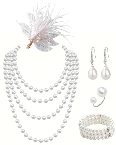 TPZORJX Conjunto de joyas de perlas de los años 1920 – Juego de 4 piezas para mujer con collar vintage, pendientes y pulsera