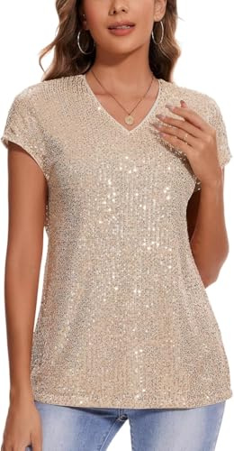 Kyzoeyou - Top da donna con paillettes, camicetta scintillante a maniche corte, scollo a V, tunica con paillettes glitter, top casual ampio per feste, L