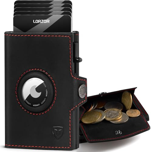 LORZOR AirTag Wallet mit XXL münzfach für 10+ Münzen, Slim Wallet AirTag, Geldbörse Echtleder Portemonnaie, Portmonee Herren Geldbeutel, Kartenetui RFID Schutz, Smart Wallet, Brieftasche Schwarz Rot