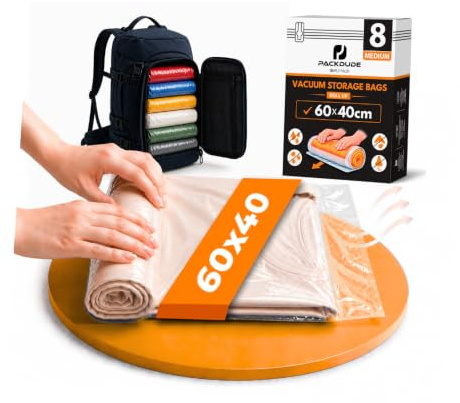 PACKDUDE Bolsas Vacio Ropa Viaje sin Aspirador (para Enrollar) I 8 PIEZAS I Tamaño M: 60x40cm I Bolsas de Vacio para Ropa Viaj I Vacuum Bags for Traveling I Bolsas de Compresion Viaje sin Válvula