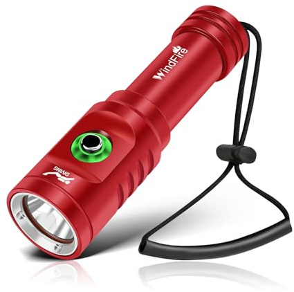 WINDFIRE Torche de Plongée Lampe de Plongée Rechargeable Super Lumineuse avec 3 Modes et Indicateur D'alimentation, Torche étanche pour la Plongée avec Tuba, Spéléologie (Rouge)