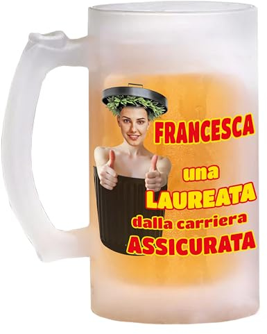 Bombo boccale da birra in vetro laurea donna | personalizzato con nome e foto della festeggiata, idea regalo originale e divertente, capacità 500 ml