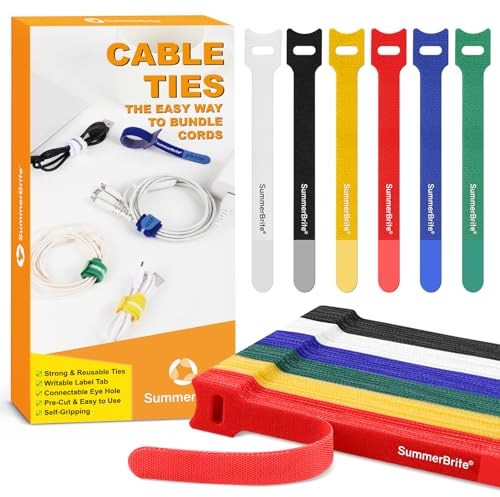 Summerbrite 60PCS Multicolor Cable Ties Reusable Cable Straps Adjustable Hook and Loop Ties Cable Tidy Fastening Straps for Home & Office Desk PC Cable Organiser(12mm x 20cm)