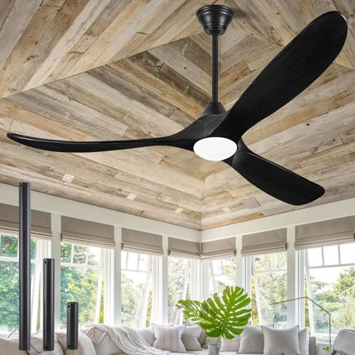 OUENGK Ventilatori Da Soffitto Con Luce In Legno Da 152 Cm, Moderno Ventilatore Da Soffitto Nero Con Telecomando Per Esterni, Silenzioso, Reversibile, Dc, Per Interni, Soggiorno, Gazebo Esterno