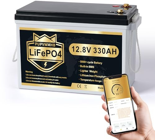PUPVWMHB 12V 330Ah MINI LiFePO4 Lithium Battery, Bluetooth Lithium Battery, 200A BMS, up to 15000 Cycles, Max.4224Wh Energy with Low Temp Cut off, Perfect for RV, Solar, Trolling Motor