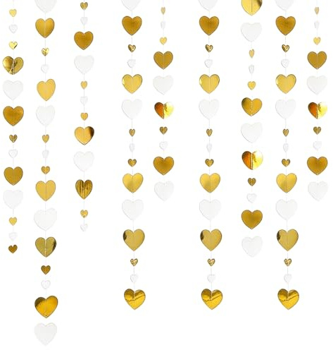 Weiße und goldene hängende Herzdekorationen, 12 m lange Liebesgirlande für Hochzeitsempfang, Verlobungsfeier, Valentinstag, Jubiläumsdeko