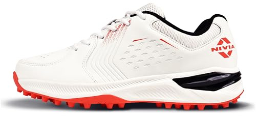 Nivia Crick 500.1.0 Scarpe da cricket, tomaia in mesh e PVC, imbottitura Duofoam, suola esterna in gomma con tacchetti, stabilità del tallone, comfort per tutto il giorno, arco plantare, Bianco