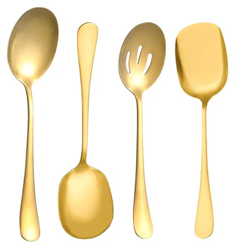 4-Stück Edelstahl Servierlöffel Groß, Gold Suppenlöffel Kochlöffel Tisch Löffel für Servieren Küche Restaurant Bankett